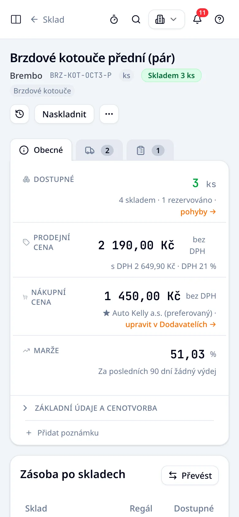 Karta dílu Brzdové kotouče přední (pár) Brembo v telefonu: 3 ks k dispozici, 4 skladem a 1 rezervovaný, prodejní cena 2 190 Kč, nákupní 1 450 Kč a marže 51 %