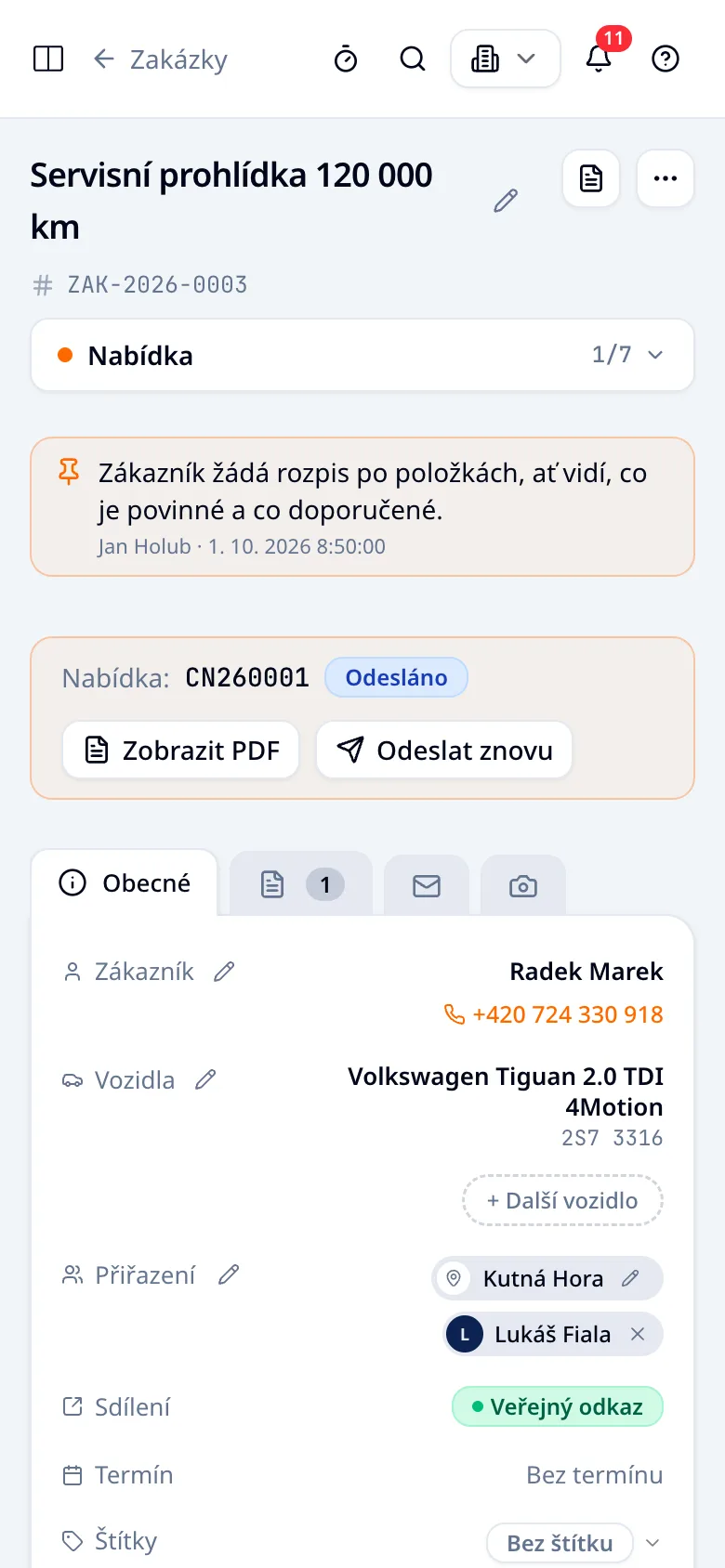 Stejná zakázka ZAK-2026-0003 v telefonu: servisní prohlídka 120 000 km ve stavu Nabídka, poznámka zákazníka a odeslaná nabídka CN260001